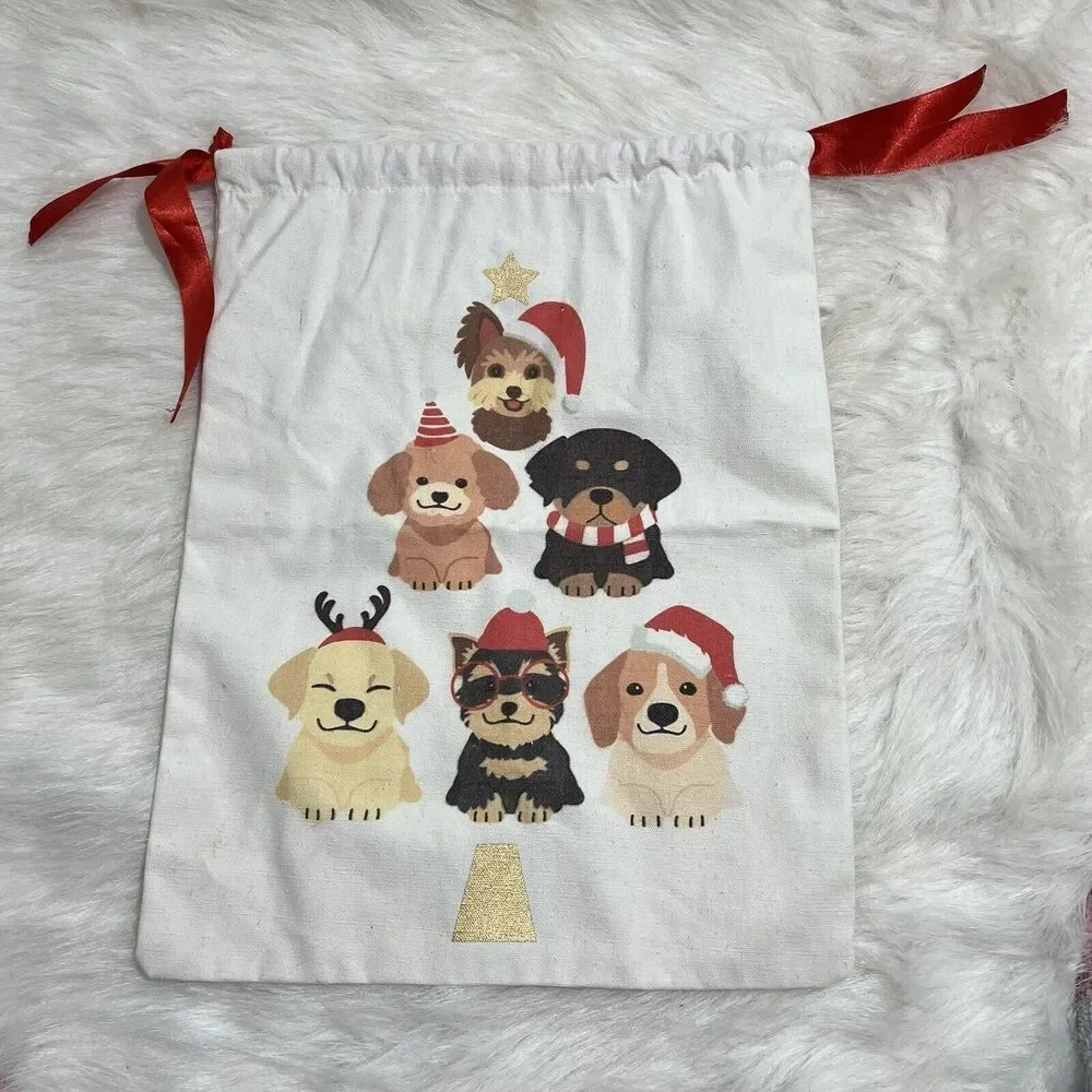 Woven Drawstring Holiday Puppy Dogs Christmas Gift‎ Bag 12